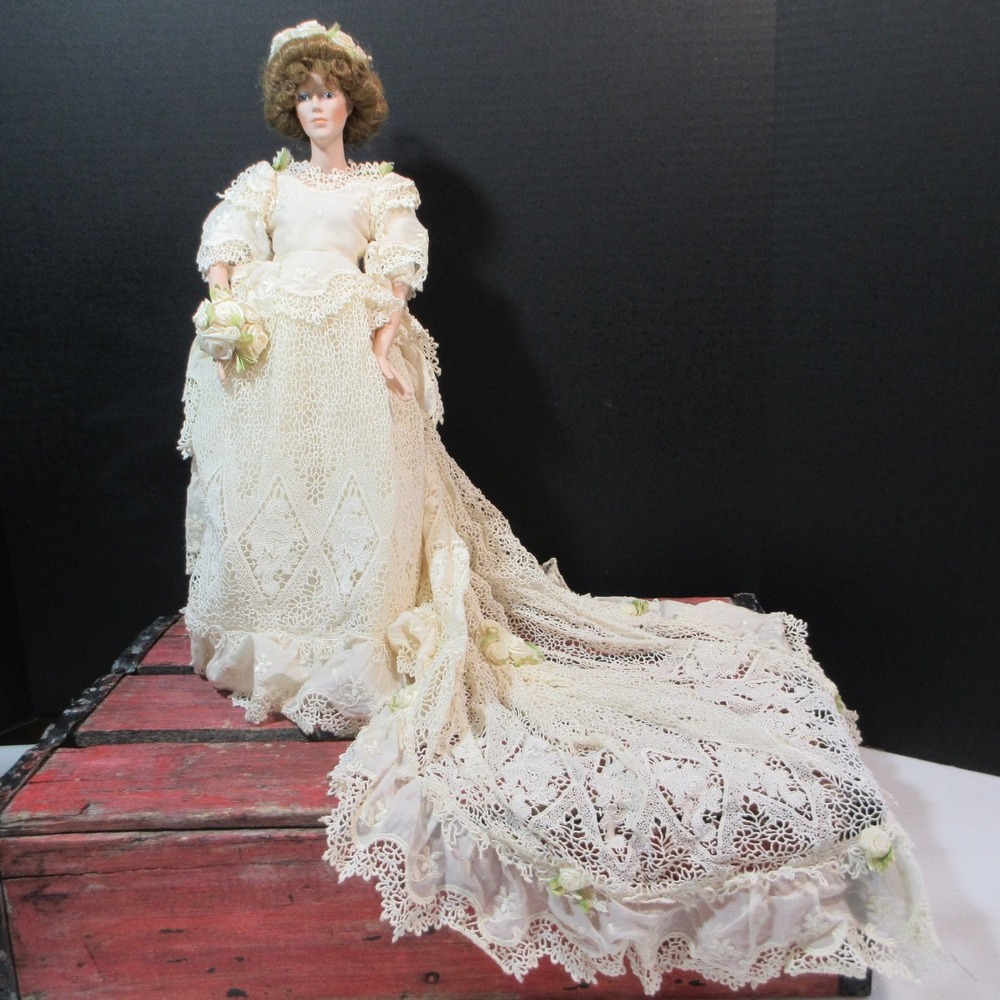 VTG Porcelain Bride Doll in Intricate Victorian Lace Wedding Gown with Train 16"